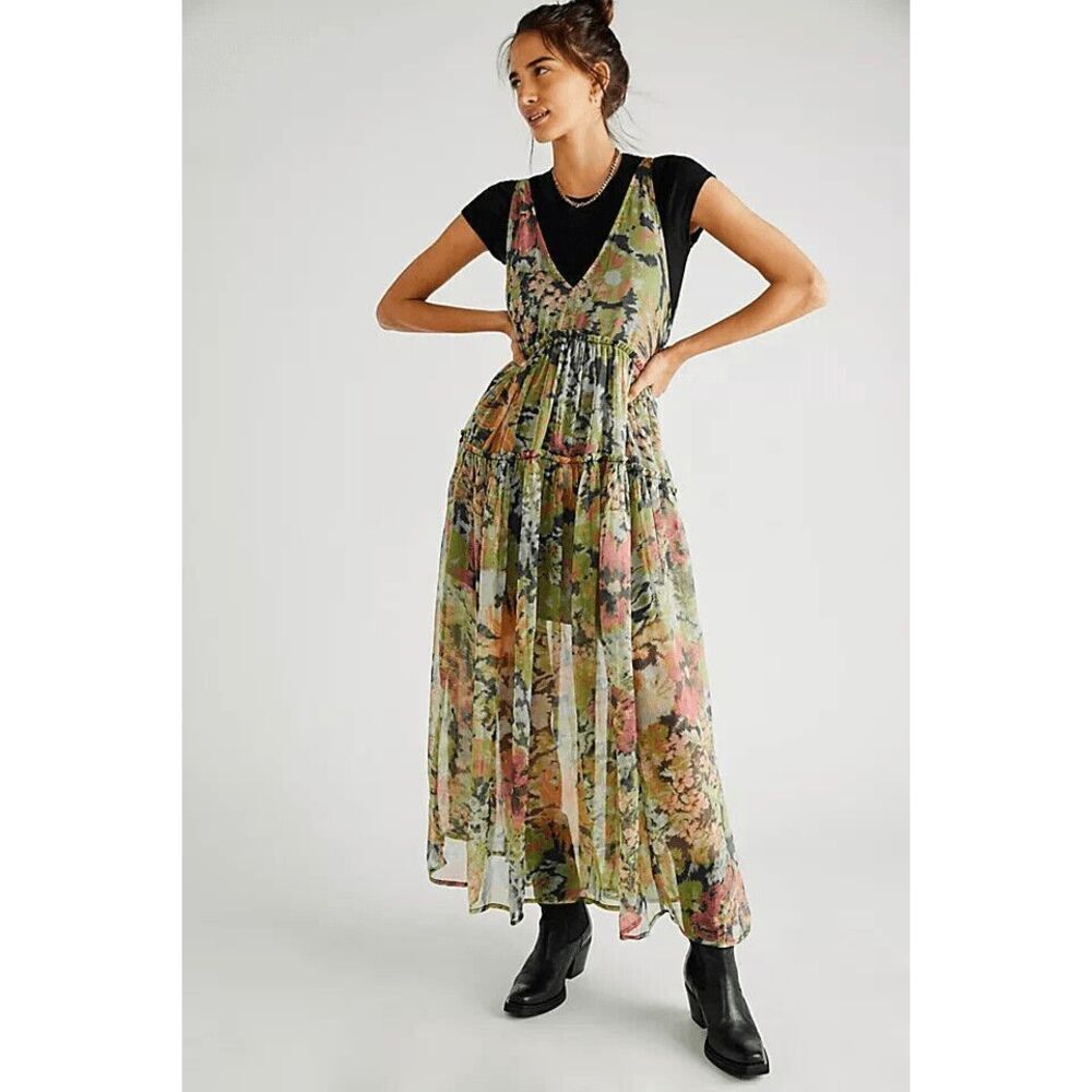 Free People Julianna Maxi Dress Green Misty Combo Small S NEW